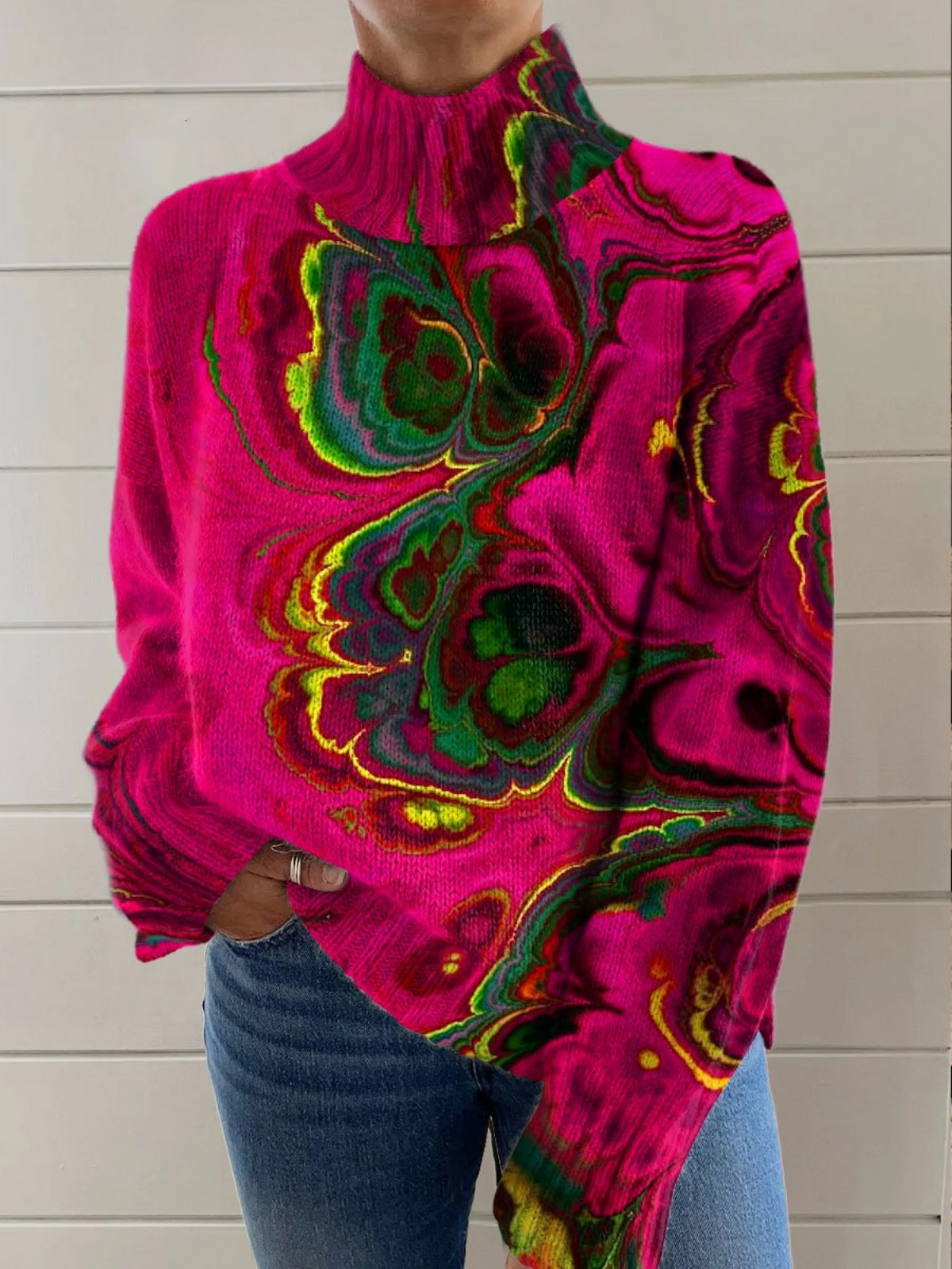 Abstrct Art Print Knit Turtleneck Pullover Sweater