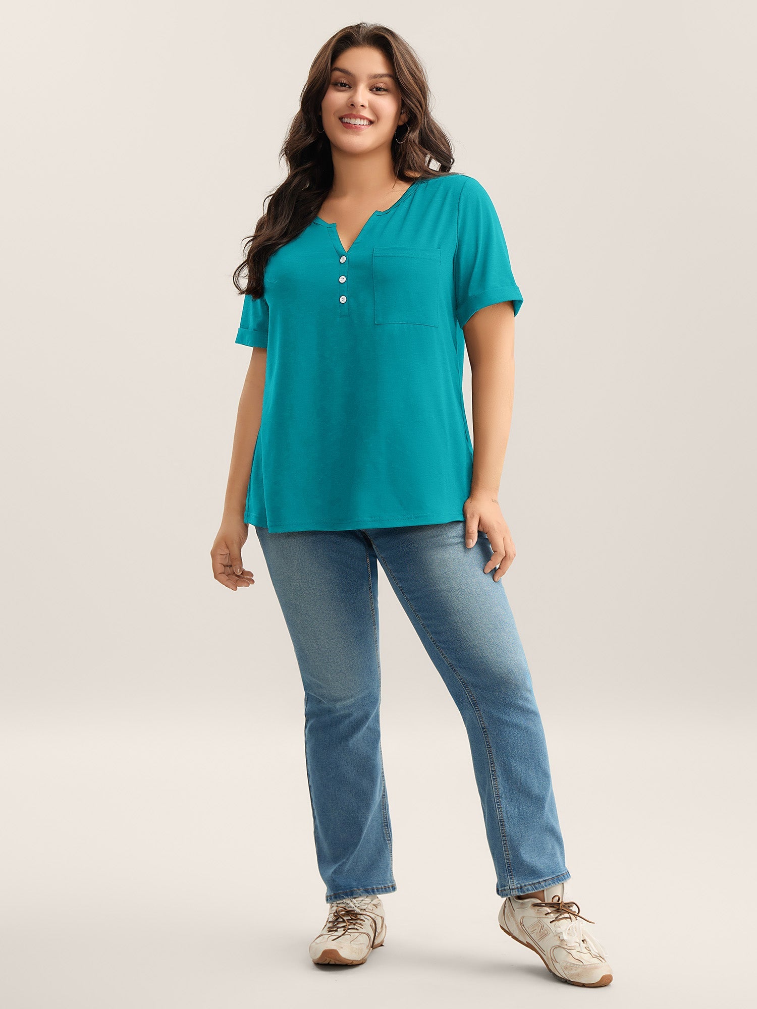 Solid Split Neck Button Detail T-Shirt