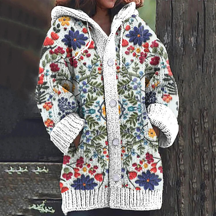 Vintage Floral Embroidery Pattern Cozy Hooded Cardigan