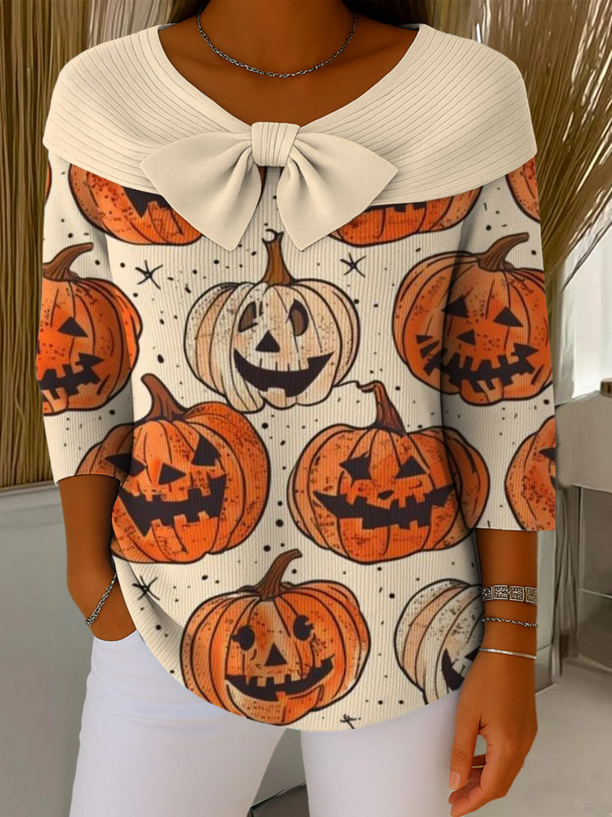 Halloween Pumpkin Contrasting Colors Print Buttoned Cardigan Sweater