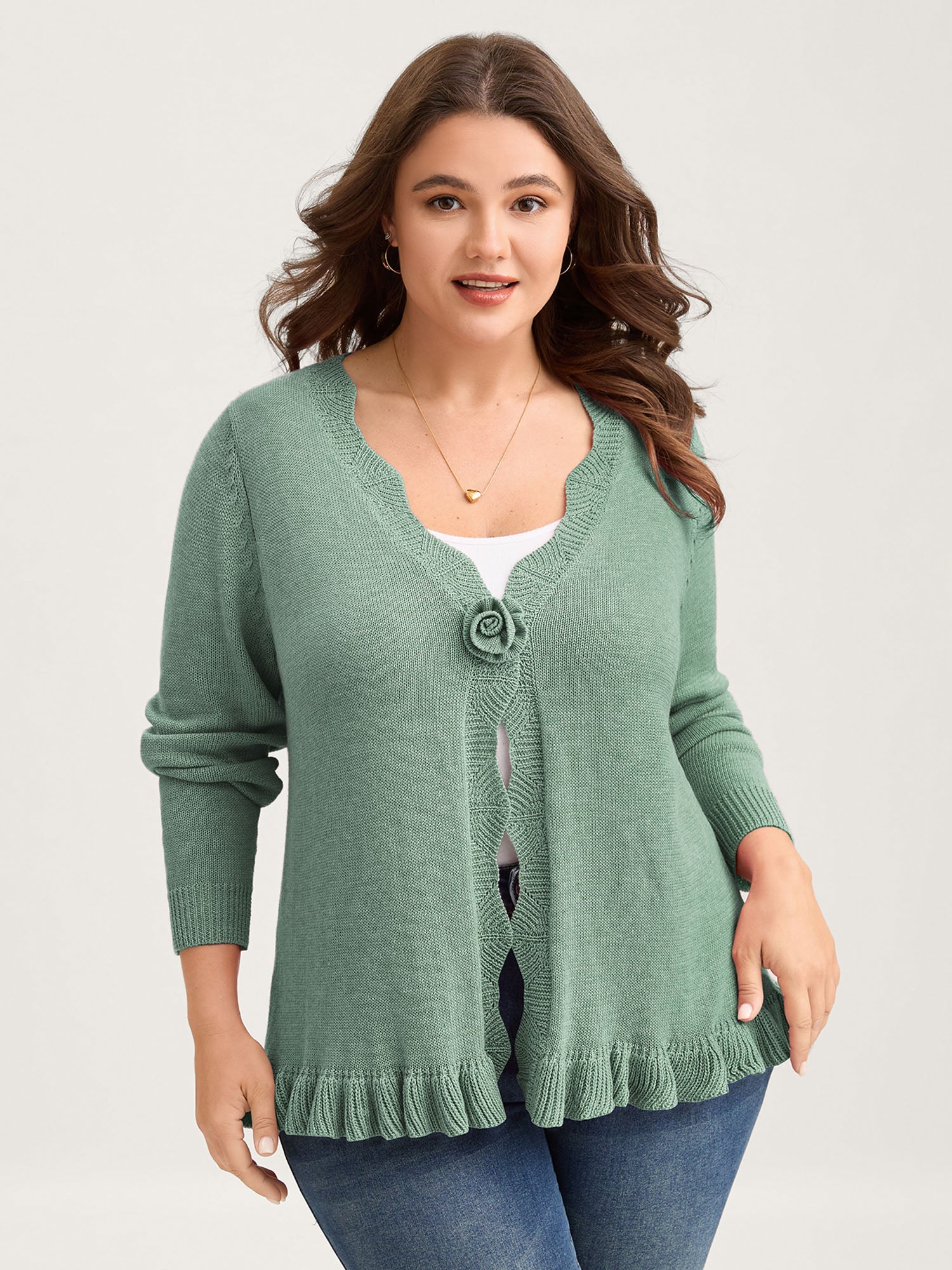 Supersoft Textured Floral Button Ruffled Hem Knit Cardigan