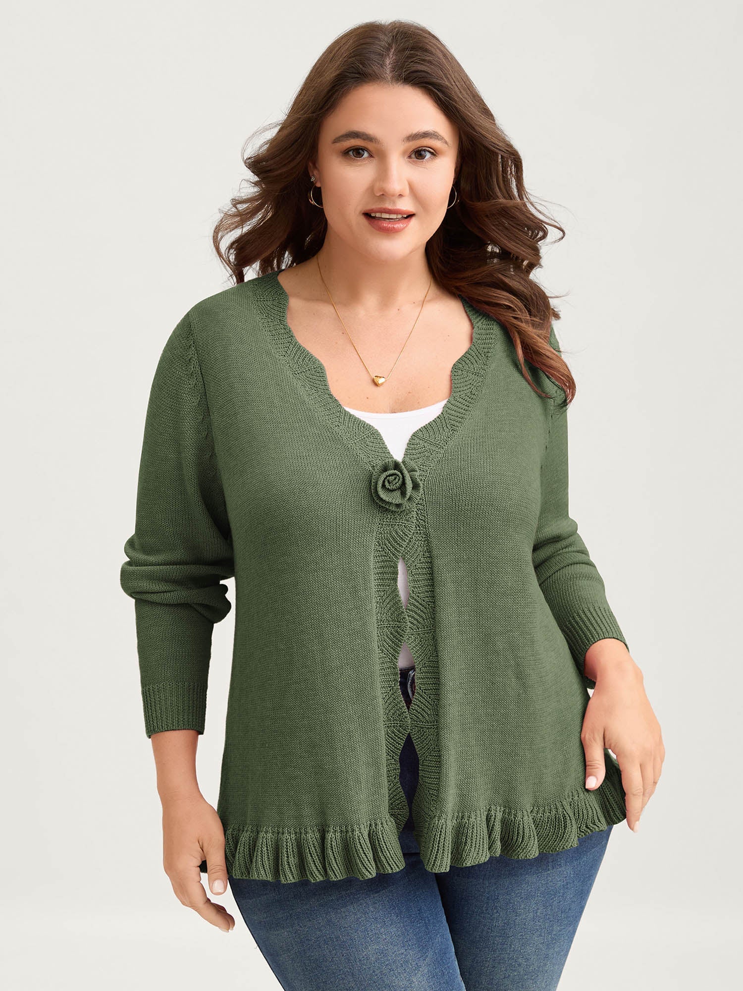 Supersoft Textured Floral Button Ruffled Hem Knit Cardigan