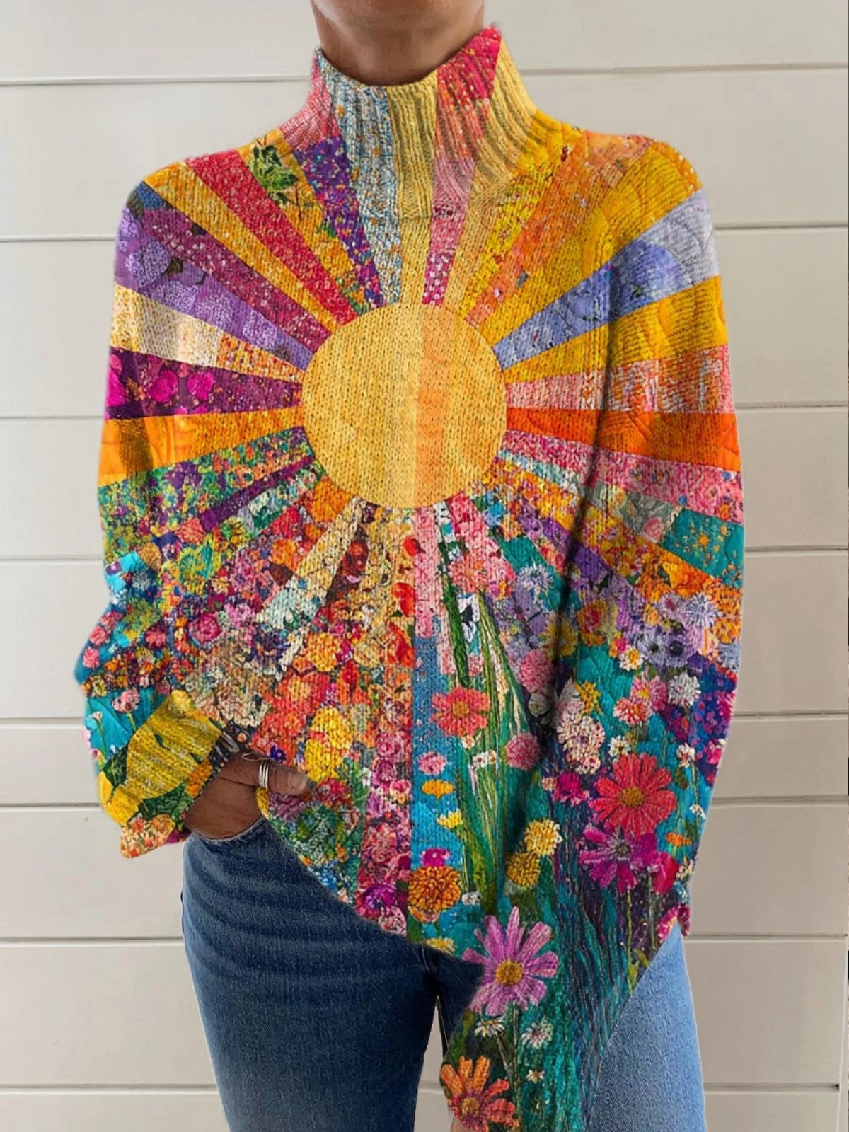 Women's Vintage Lovely Sun Floral Patchwork Art Print Knit Turtleneck Pullover Sweater