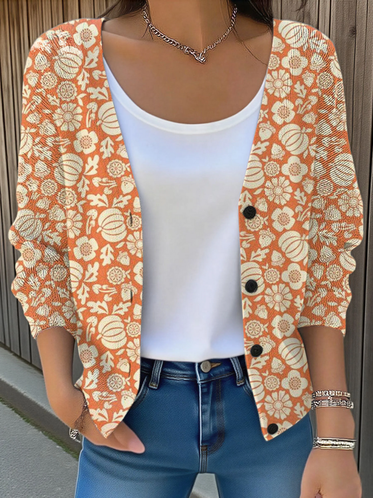 Vintage Pumpkin Art Print Buttoned V-neck Cardigan Sweater