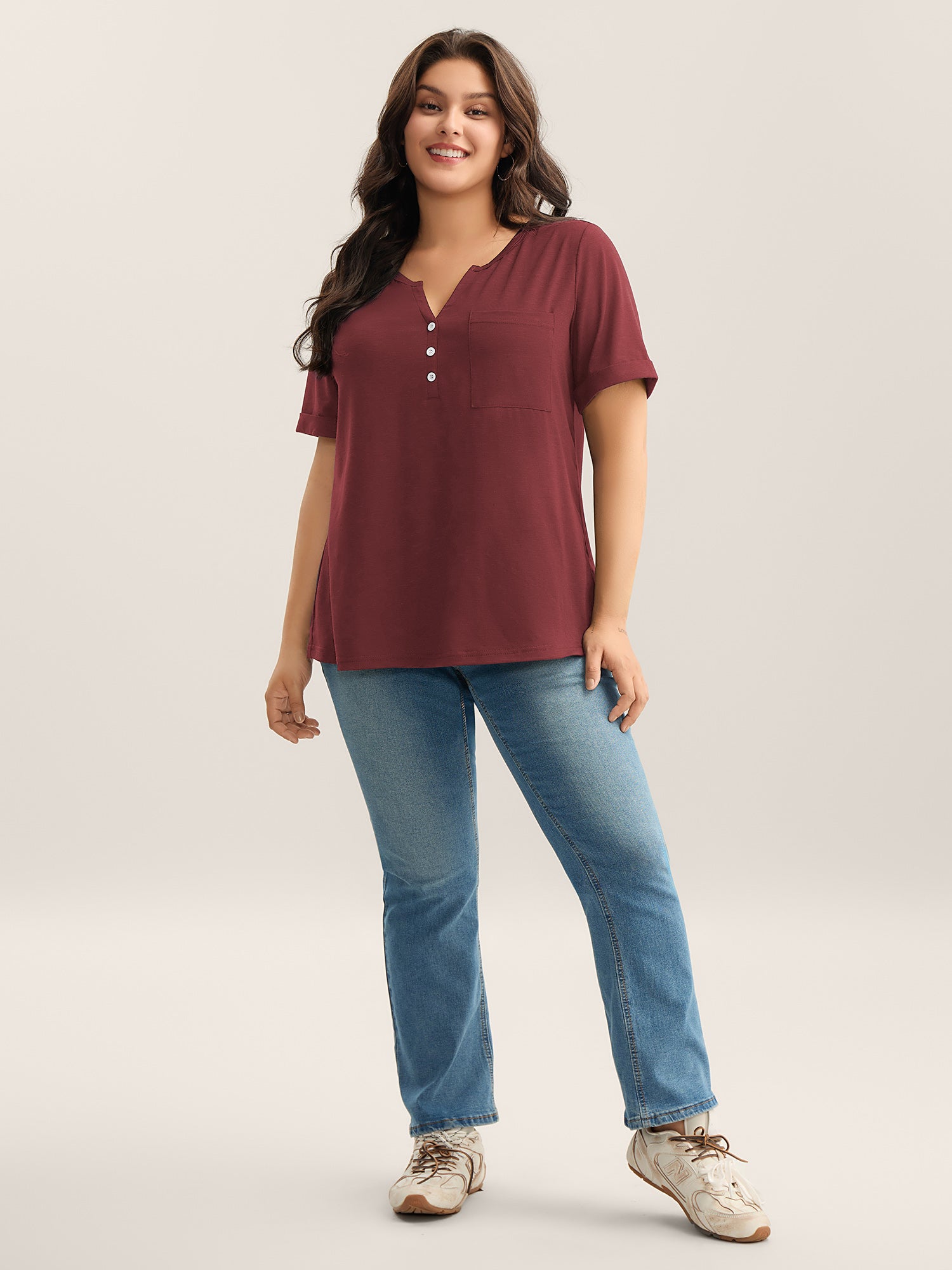 Solid Split Neck Button Detail T-Shirt