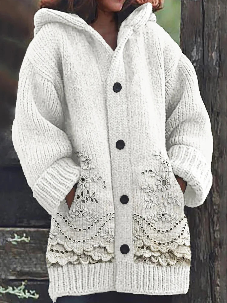 Vintage Floral Embroidered Lace Cozy Knit Hooded Cardigan