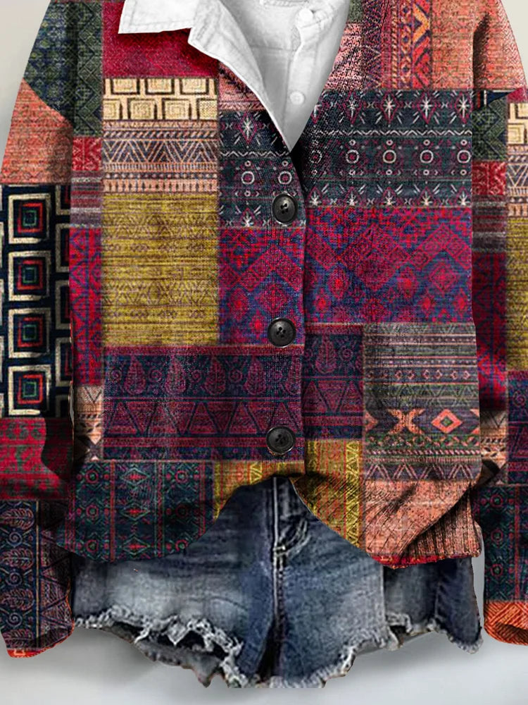 Vintage Art Print Buttoned V-neck Cardigan Sweater