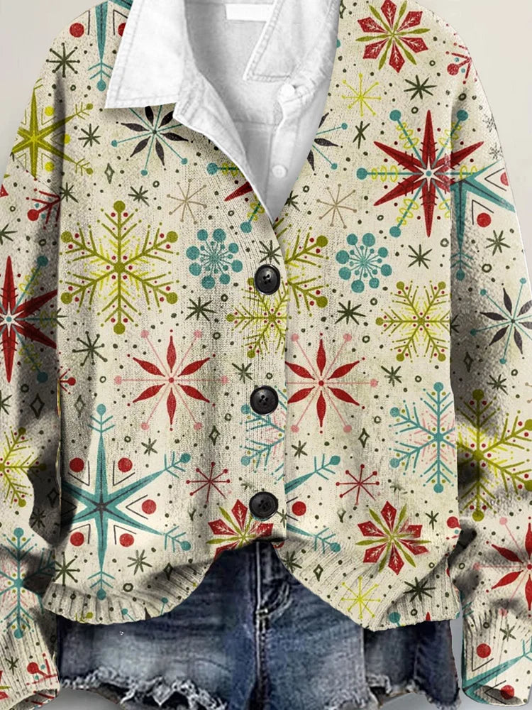 Vintage Christmas Art Print Buttoned V-neck Cardigan Sweater