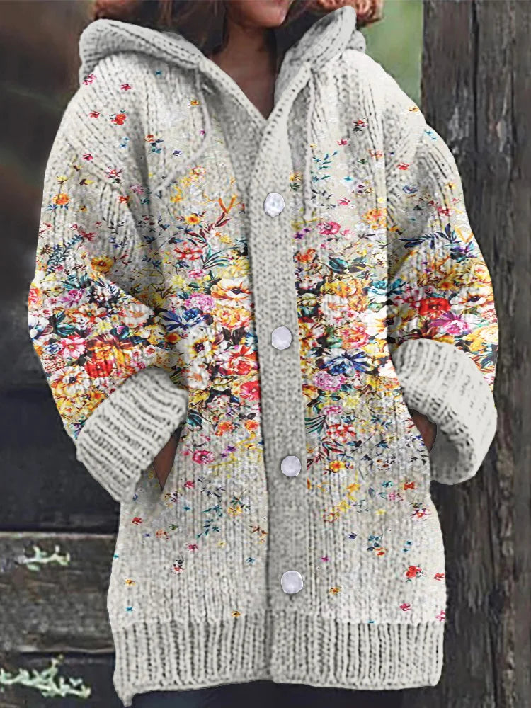 Flower Painting Art Warm Cozy Hooded Cardigan