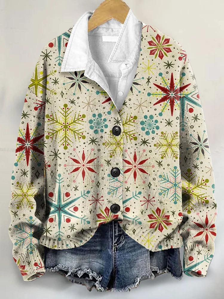 Vintage Christmas Art Print Buttoned V-neck Cardigan Sweater