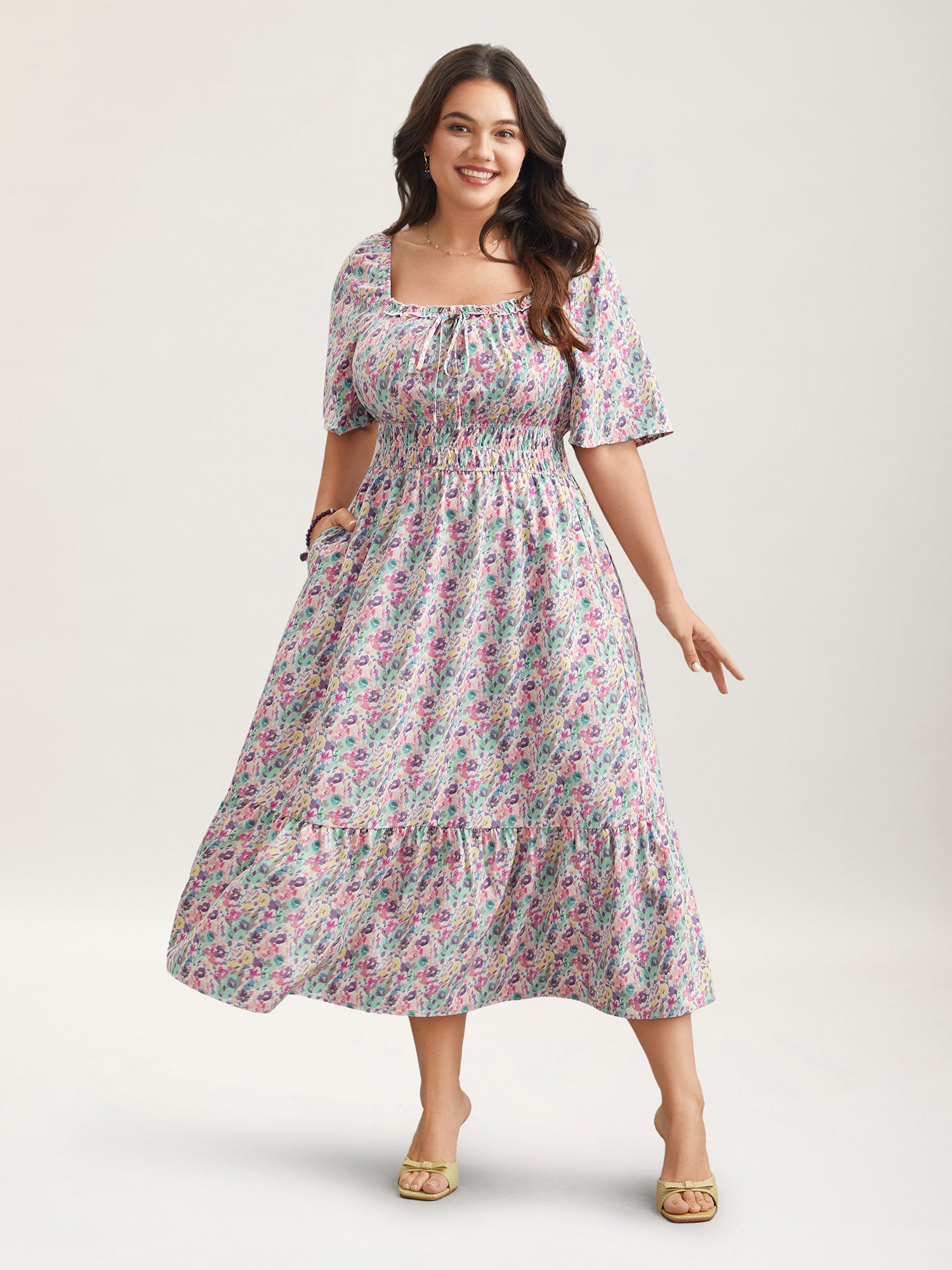 Smocked Waist Floral Ties Tiered Maxi Dress