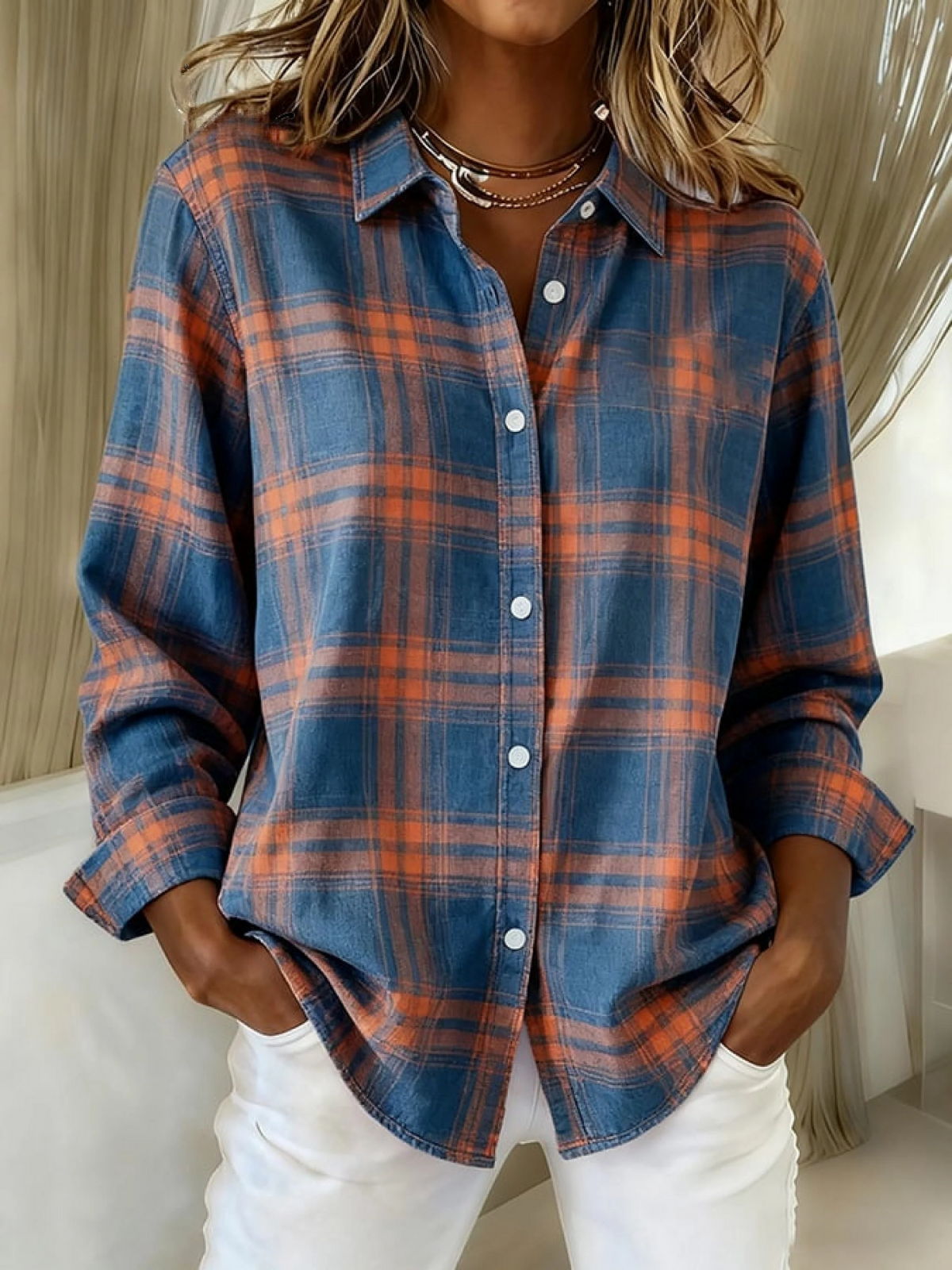 Women's  Vintage Plaid Art Print Casual Cotton Shirt