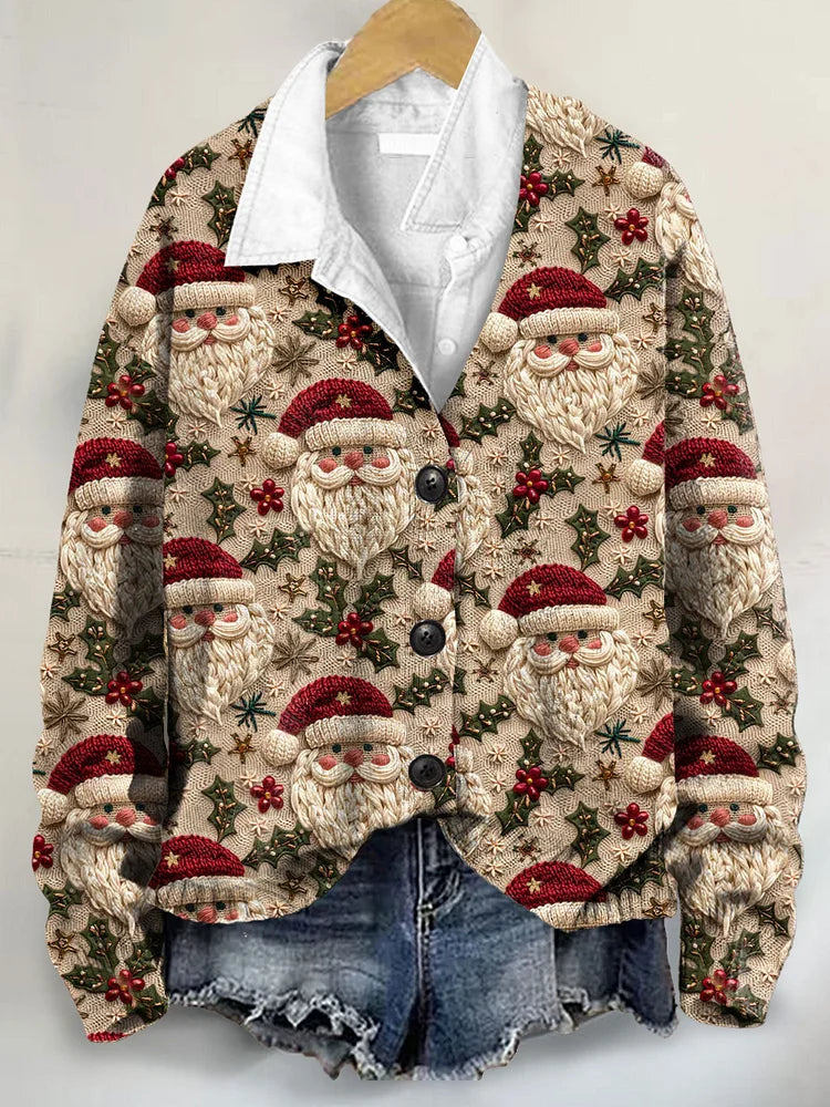 Santa Christmas 3D Art Print Buttoned V-neck Cardigan Sweater