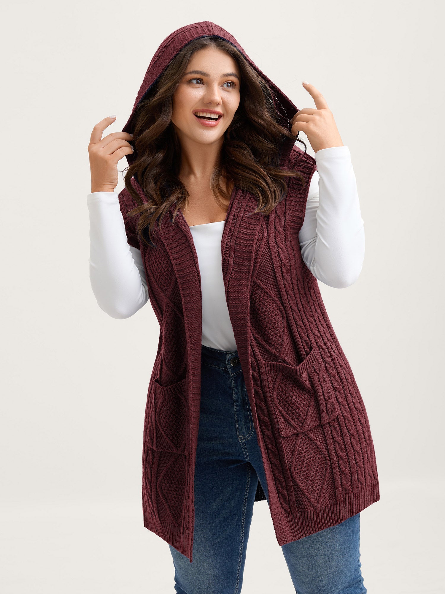 Twisted Hooded Sleeveless Knit Cardigan