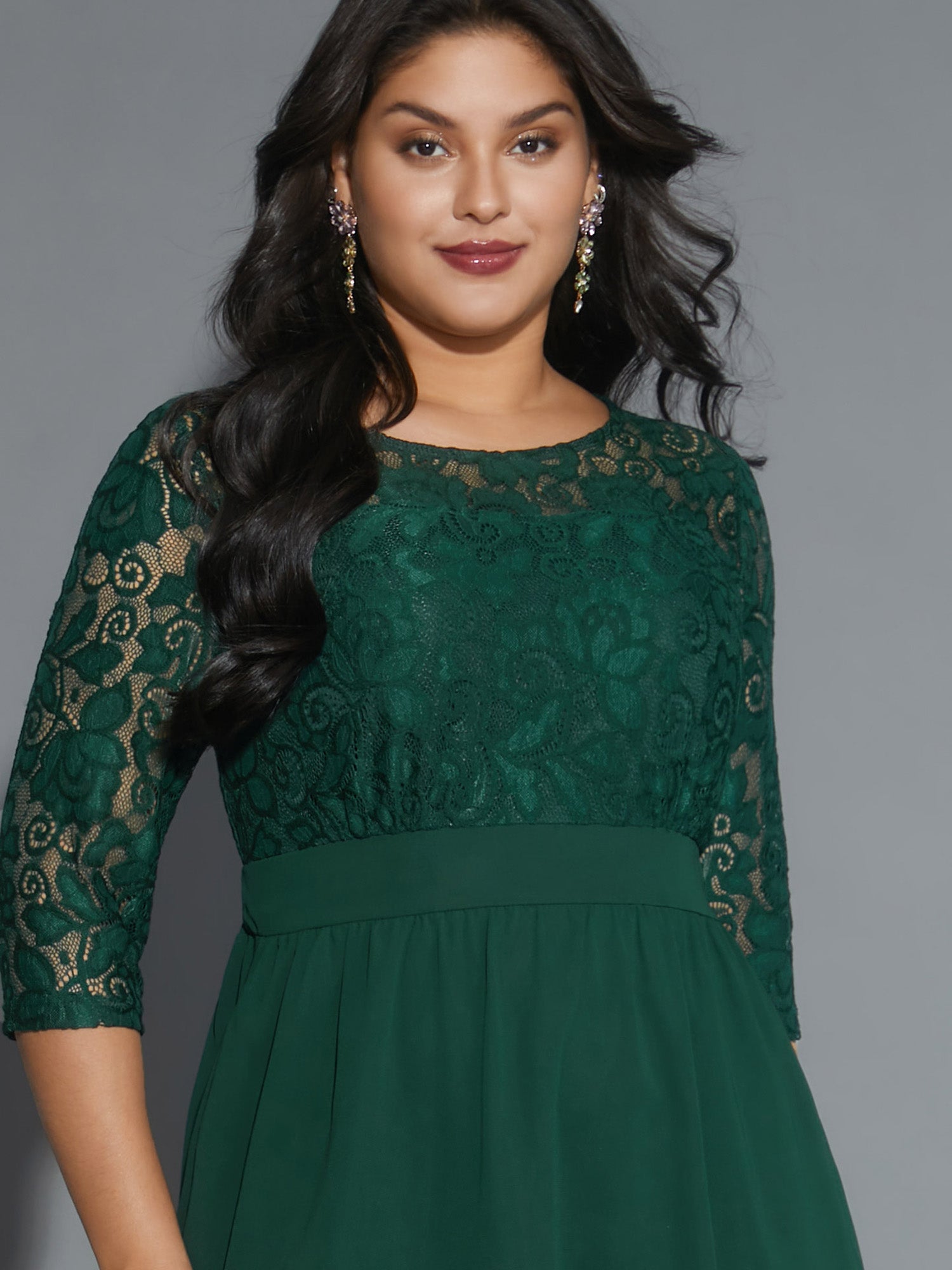 Lace Patchwork Shirred Midi Pocket Dress