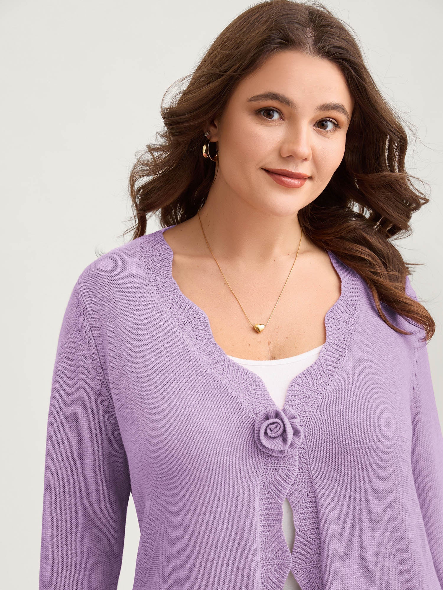 Supersoft Textured Floral Button Ruffled Hem Knit Cardigan