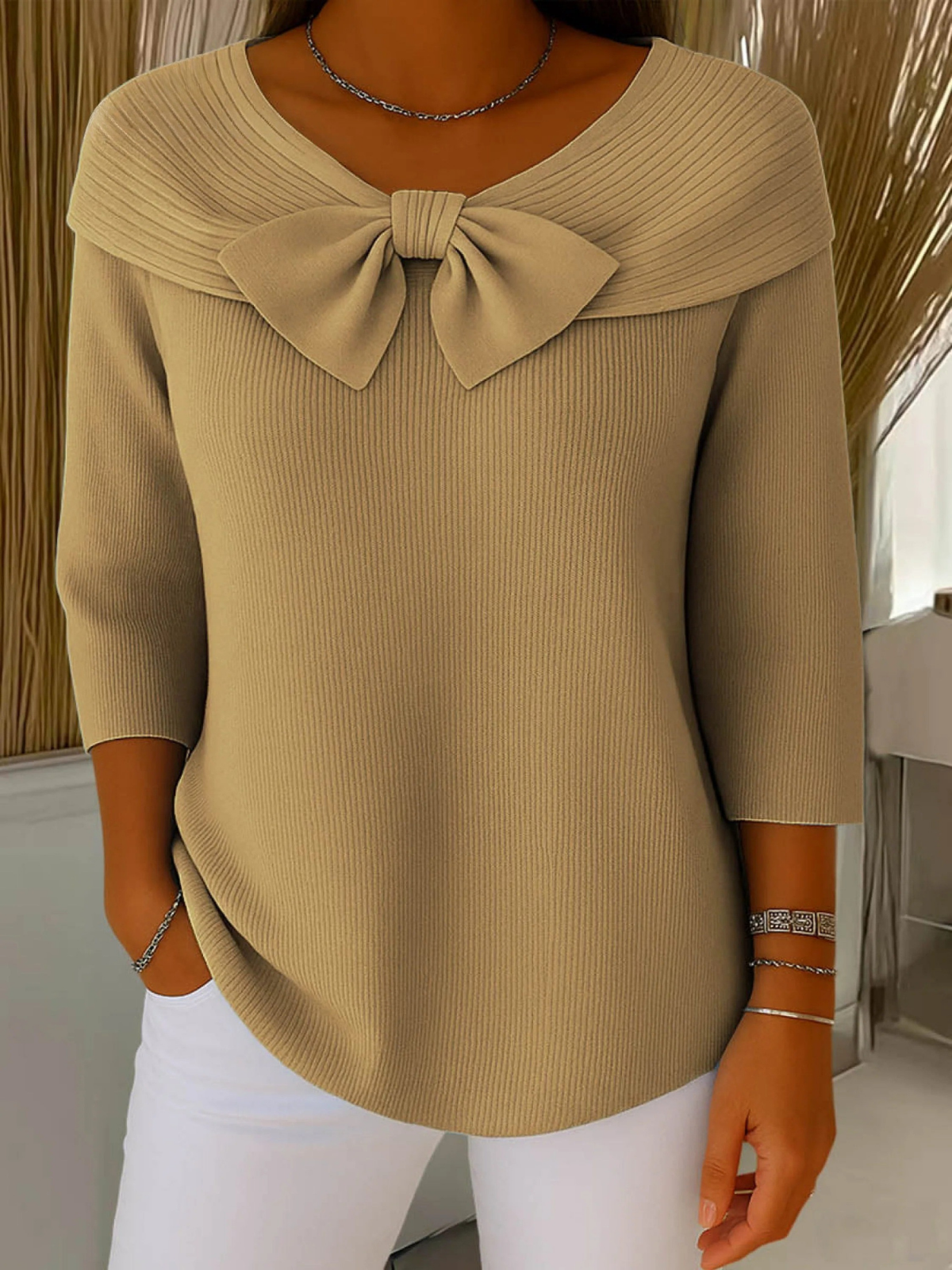 Women's Solid Color Round Neck 3/4 Sleeve Bow Casual Knit Pullover