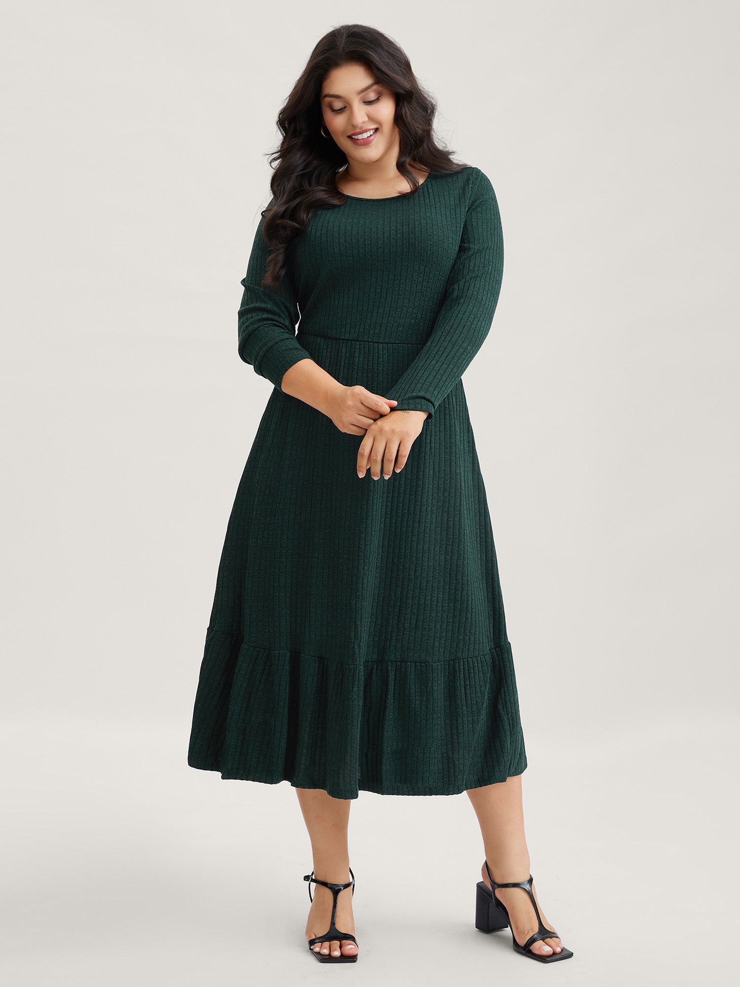Solid Pocket Rib Knit Ruffle Hem Dress Without Belt