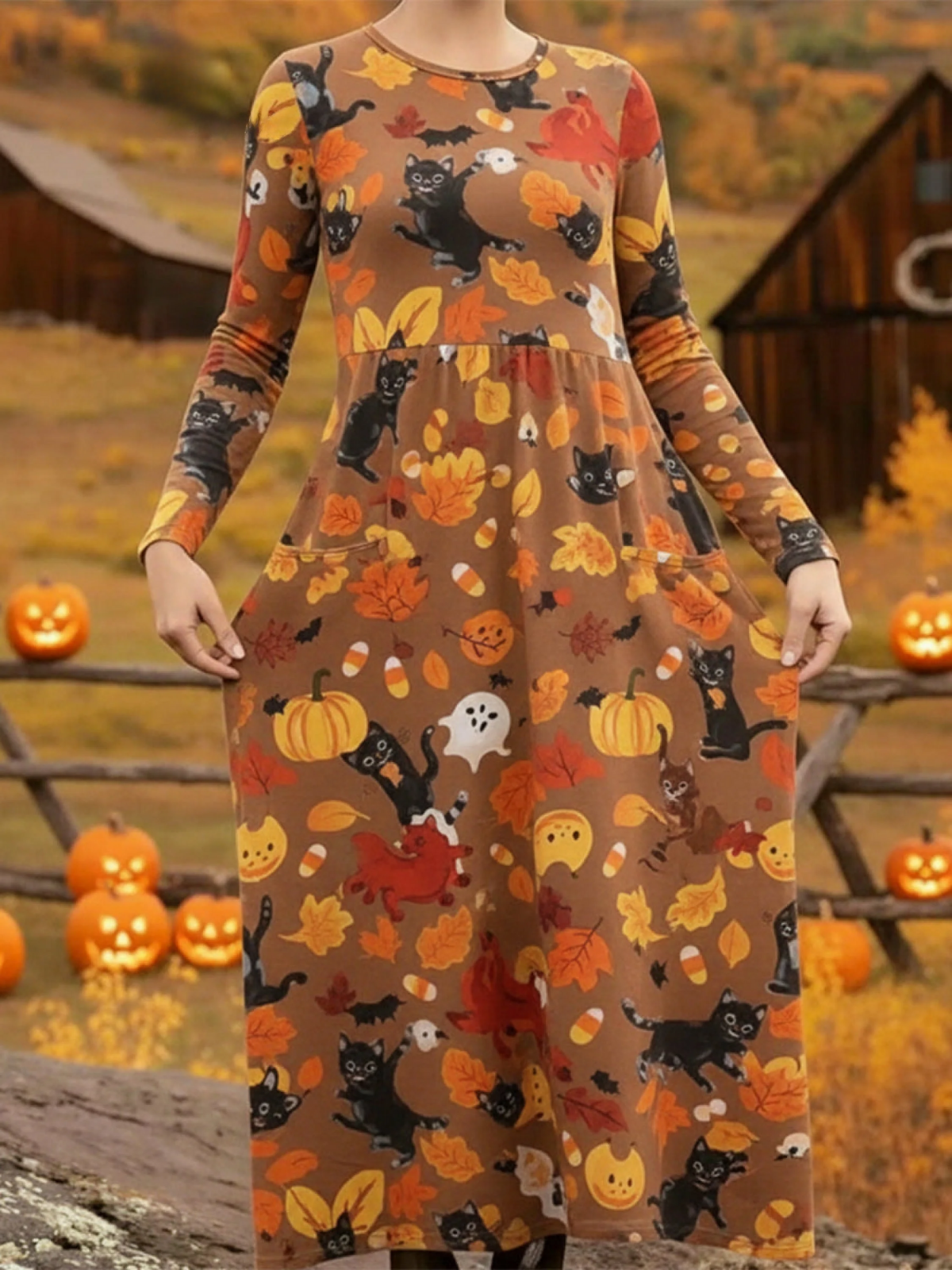 Cute Cat-loving Leaf Pumpkin Print Knitted Dress