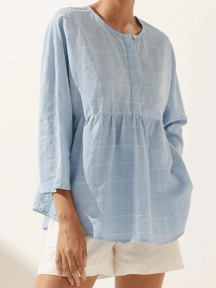 Women's Casual Checked Linen Classic Round Neck Button-Down Shirt