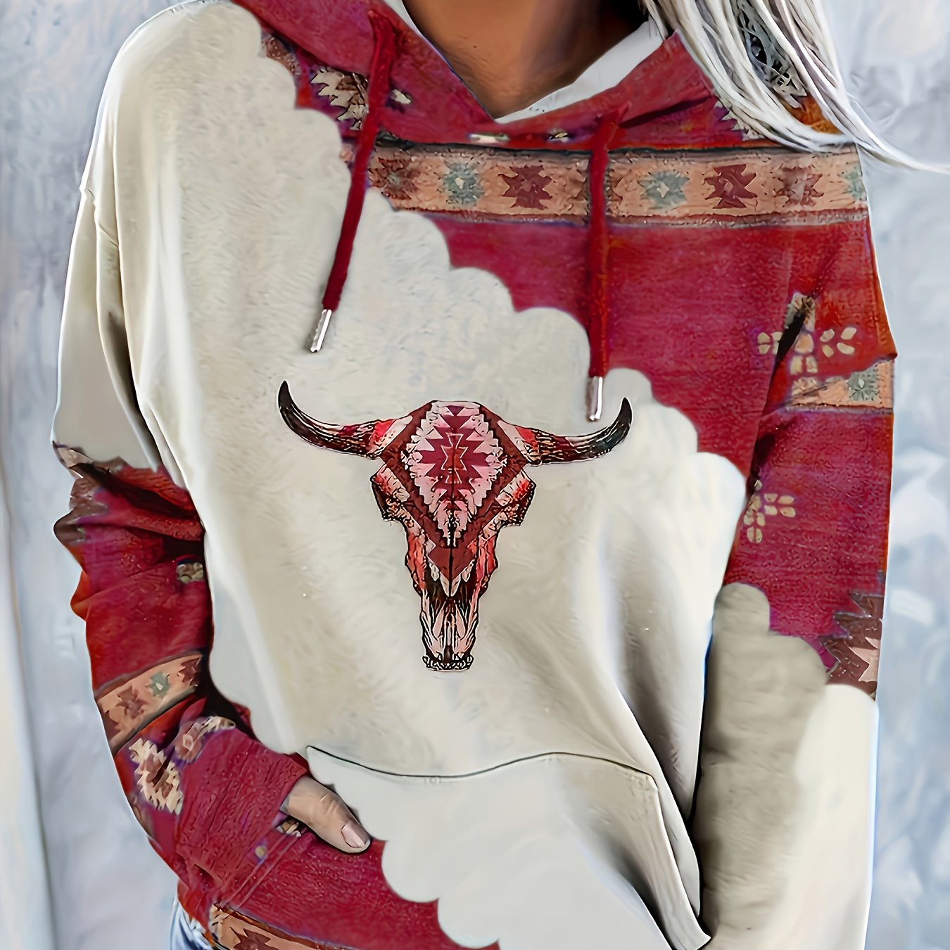 Women's Casual Western Bohemian Pullover Hoodie - Retro Ethnic Print Round Neck Sweatshirt with Adjustable Drawstring, Machine Washable All-Season Comfort, Cute Sweatshirts