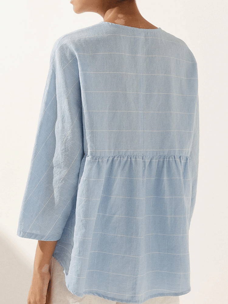 Women's Casual Checked Linen Classic Round Neck Button-Down Shirt