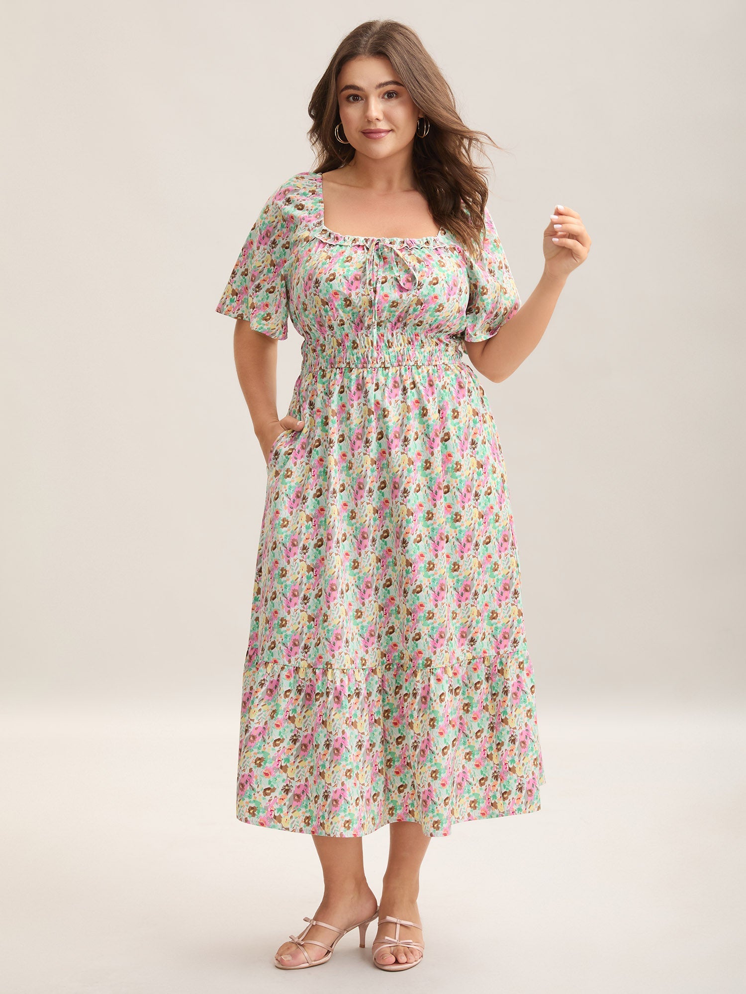 Smocked Waist Floral Ties Tiered Maxi Dress