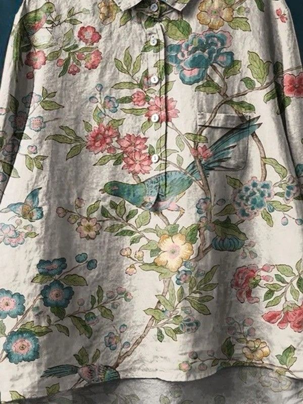 Women's Vintage Floral Birds Art Print Casual Cotton And Linen Shirt