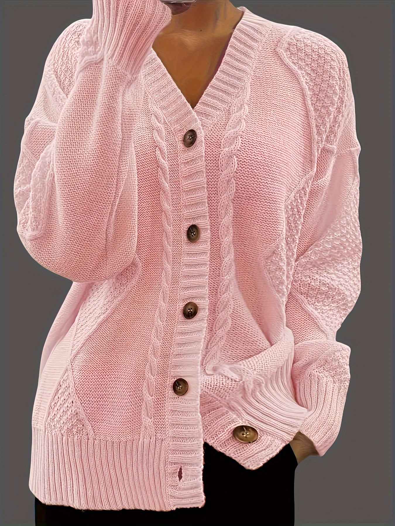 LVLAEA Women's Vintage Rhombus Twist Cable Sweater - V-Neck Button Front Long Sleeve Loose Fit Flared Hem Solid Color Fall Winter Pullover, Cute Sweater, Autumn Wardrobe, Retro Fashion, Durable Fabric