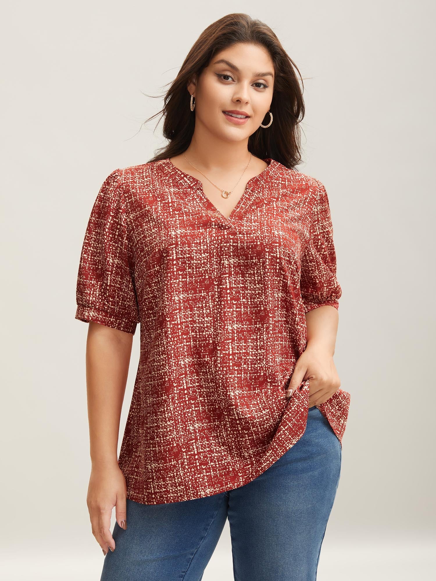 Geometric Print Puff Sleeve Blouse