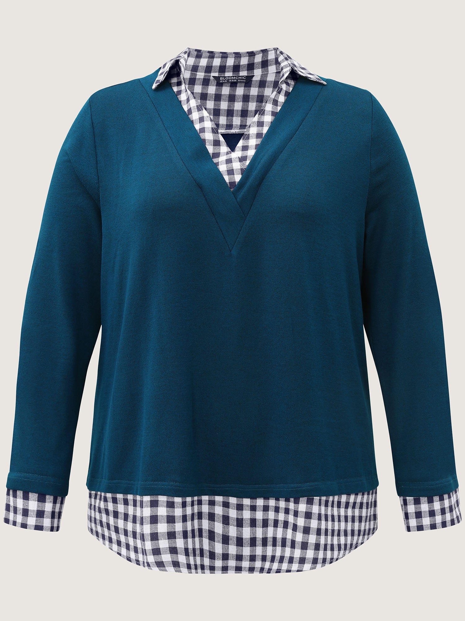 Gingham Patchwork Shirt Collar Arc Hem Sweatshirt