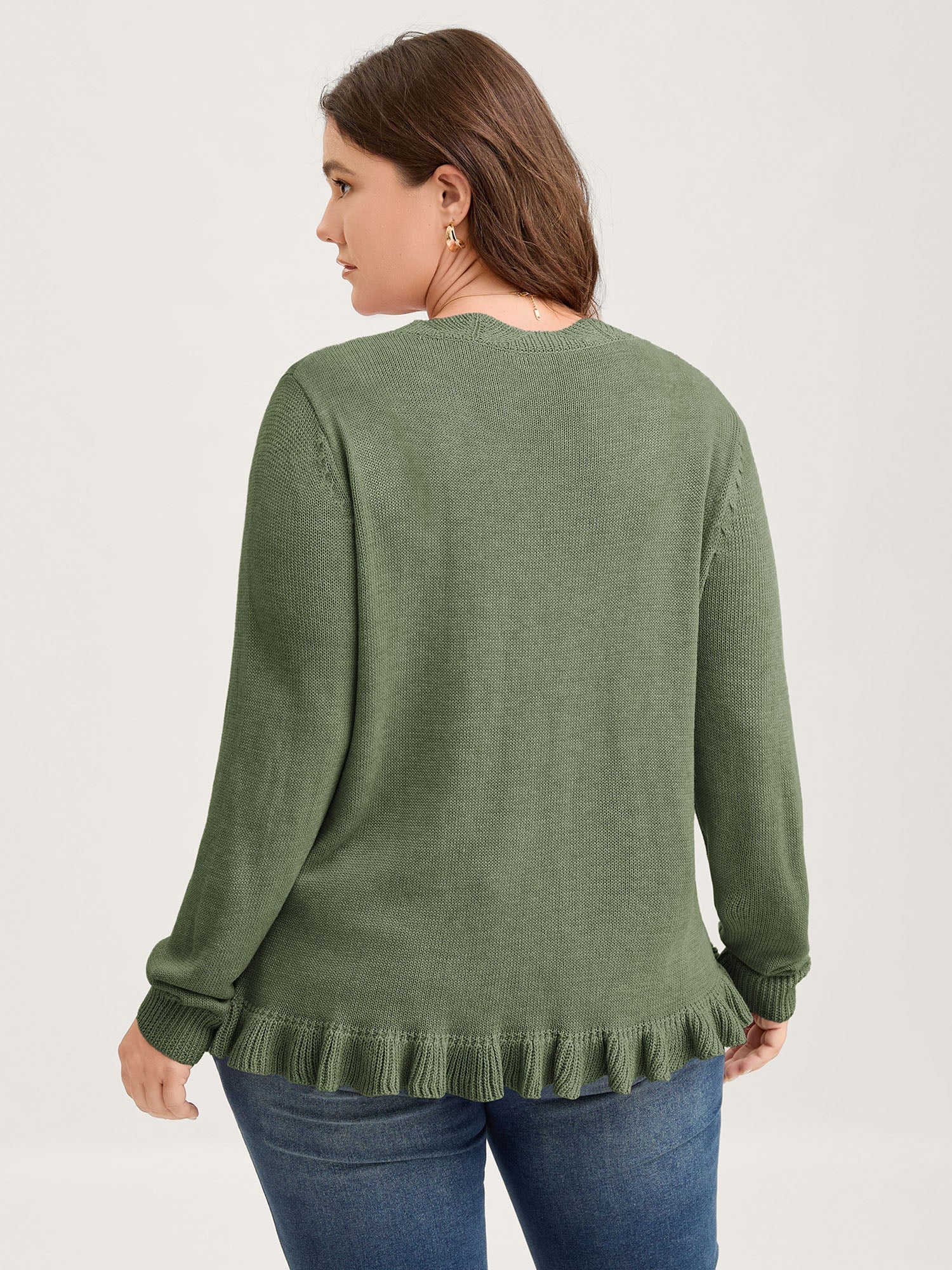 Supersoft Textured Floral Button Ruffled Hem Knit Cardigan