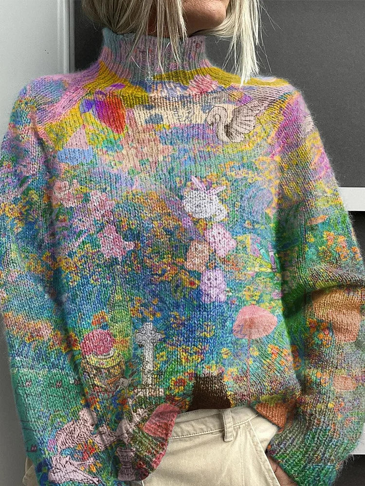 Women's Animal Skull Floral Pattern Art Print Knitted Turtleneck Pullover Sweater