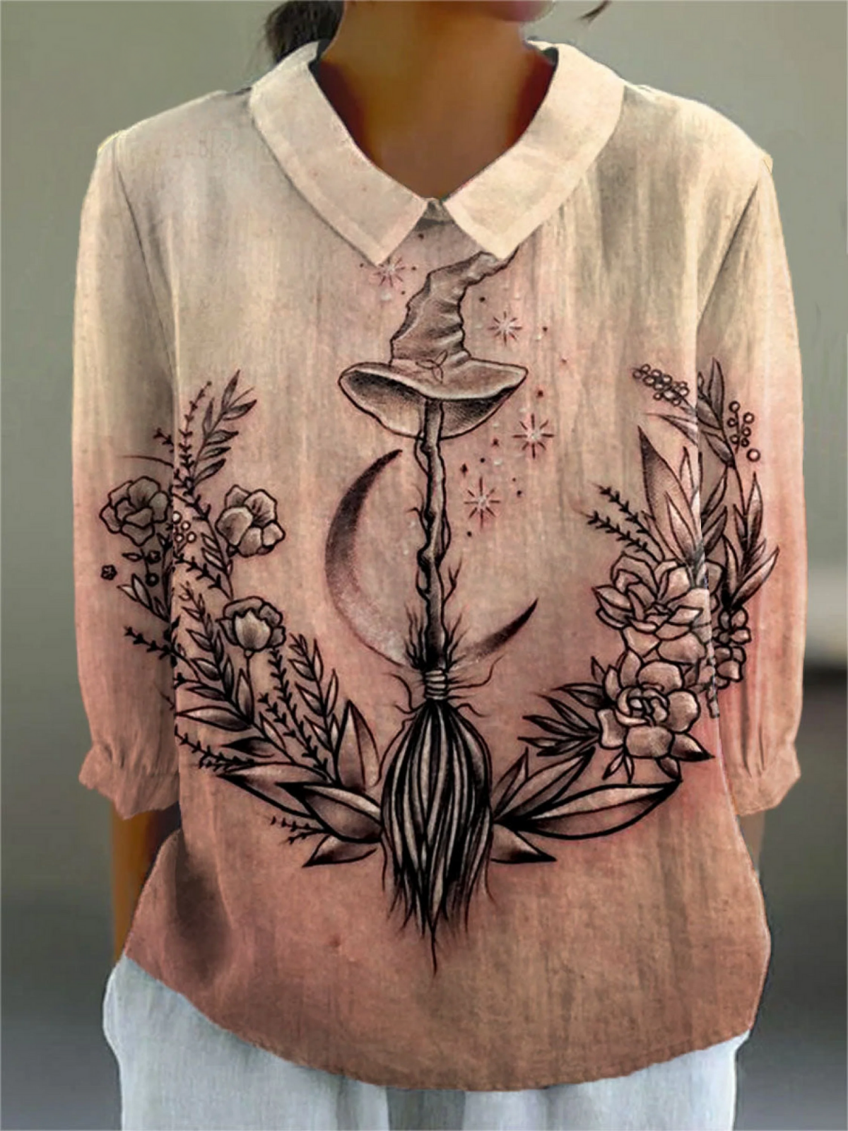 Women's Halloween Witch Art Print Casual Cotton And Linen 3/4 Sleeve Shirt