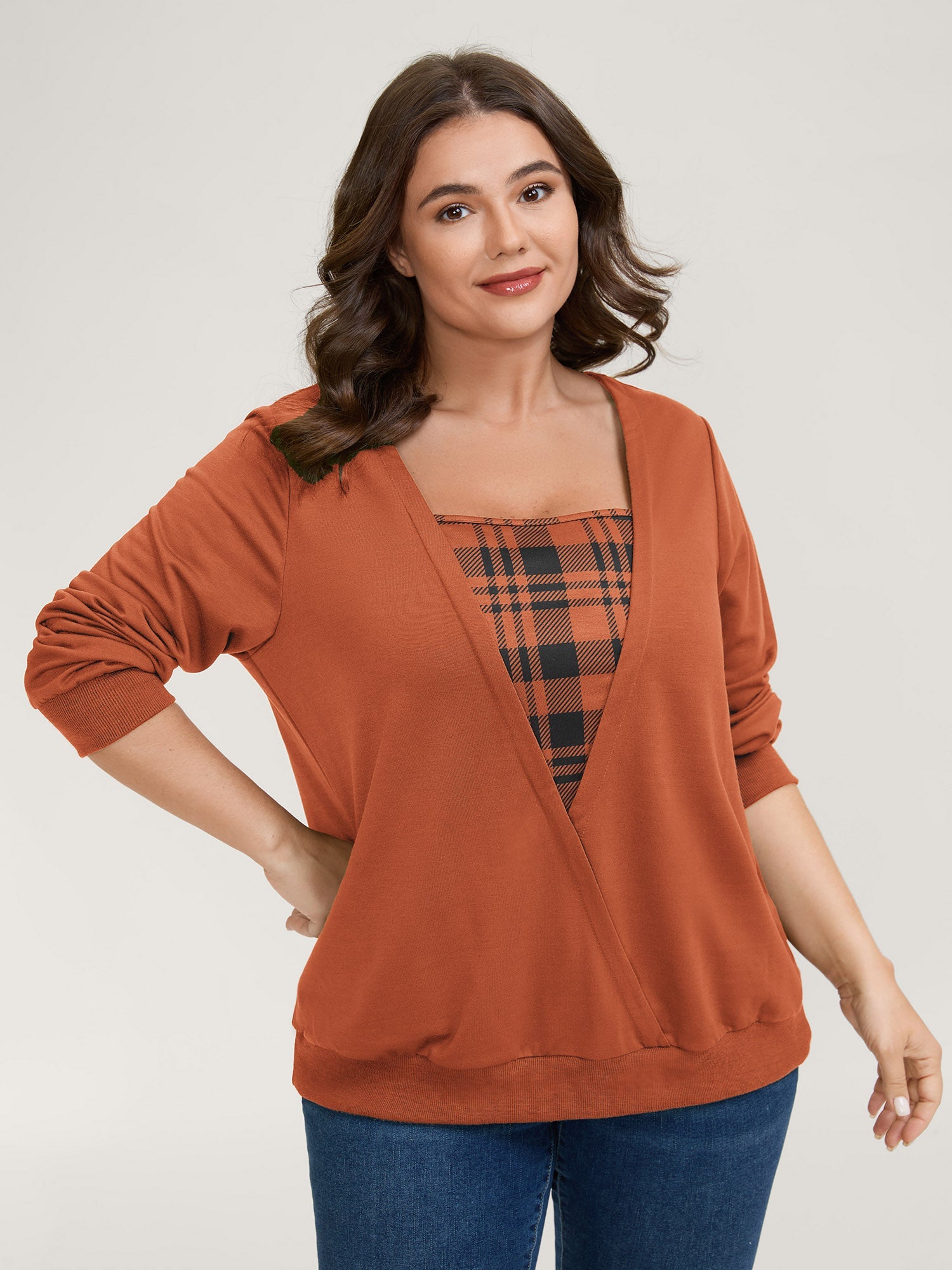 Plaid Spliced Wrap Contrast Sweatshirt
