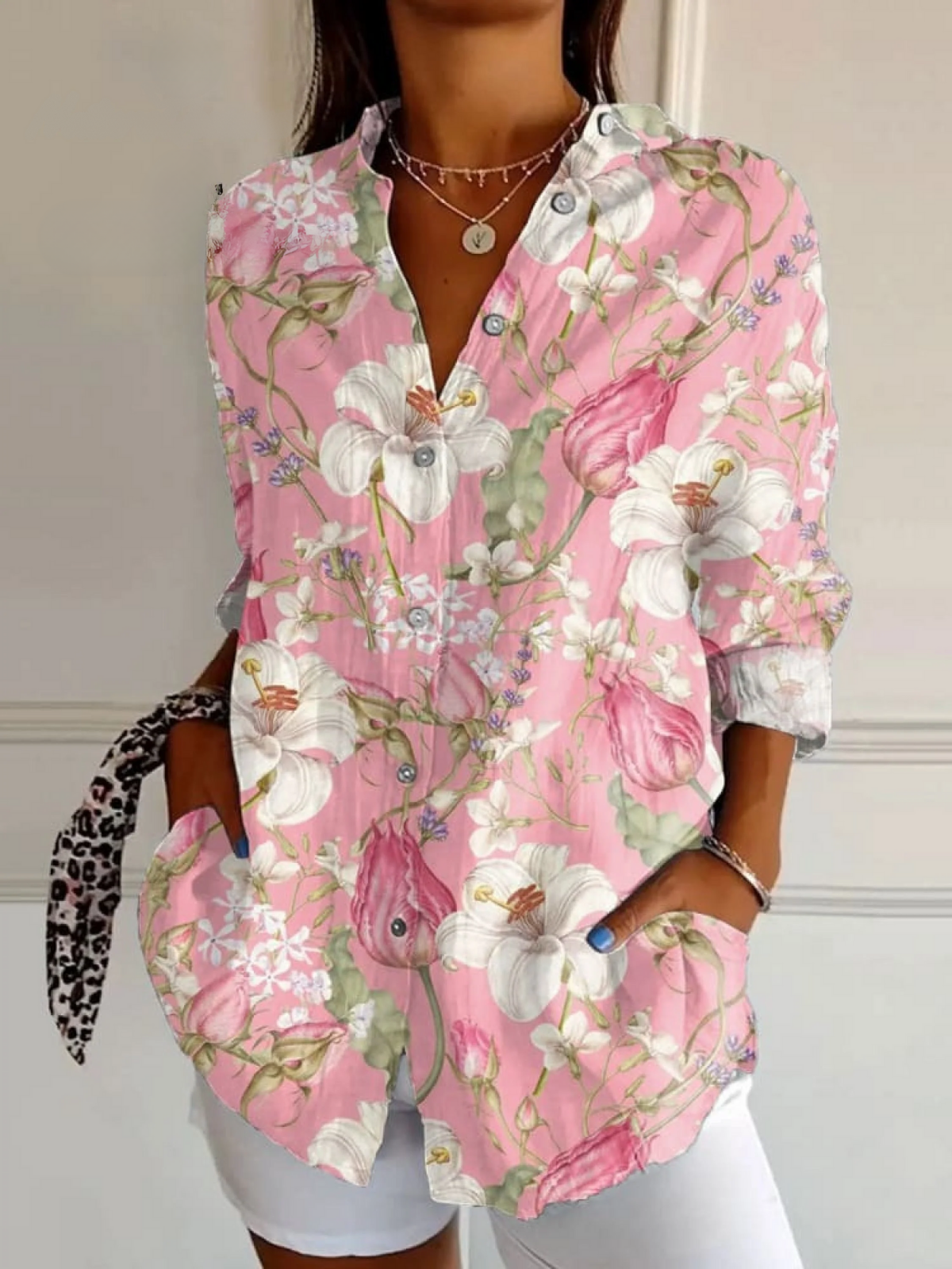 Women's  Vintage Floral Art Print Casual Linen V-neck Shirt