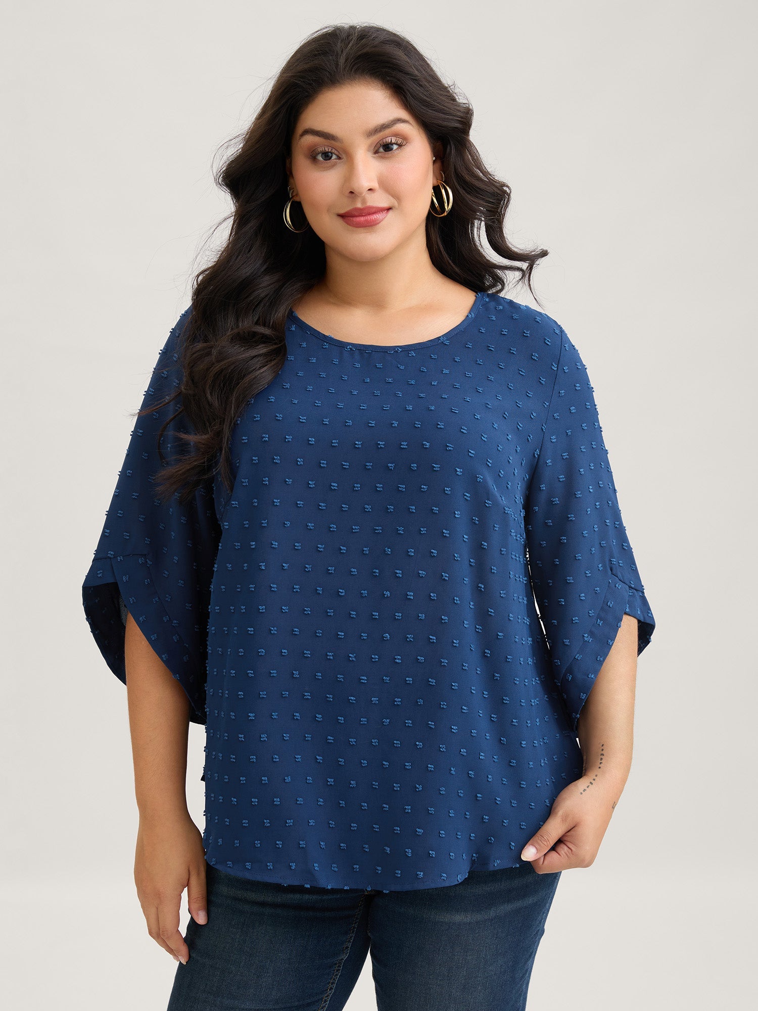 Textured Round Neck Bell Sleeve Blouse