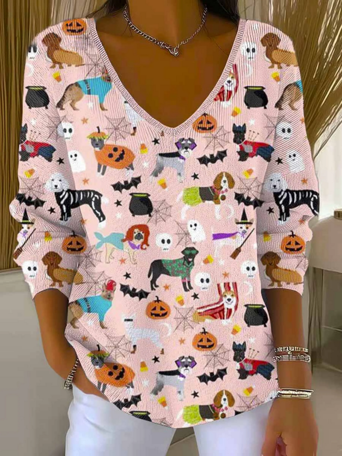 Women's Lovely Halloween Dogs Art Print Casual Pullover Sweater