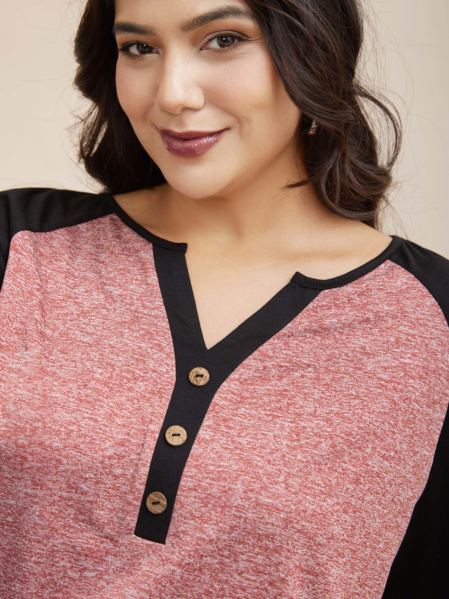 Heather Patchwork Button Detail Stretchy T-Shirt