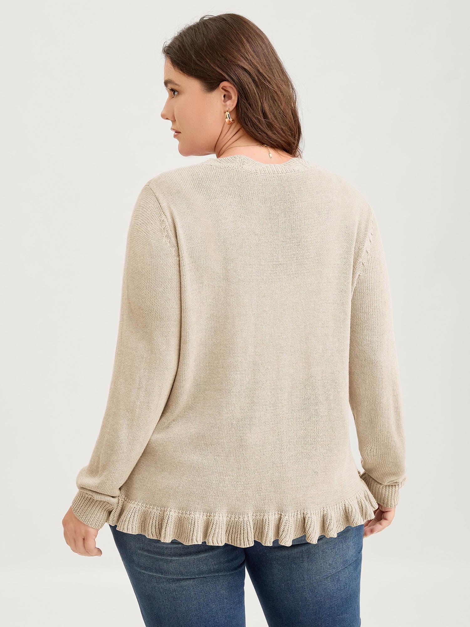 Supersoft Textured Floral Button Ruffled Hem Knit Cardigan