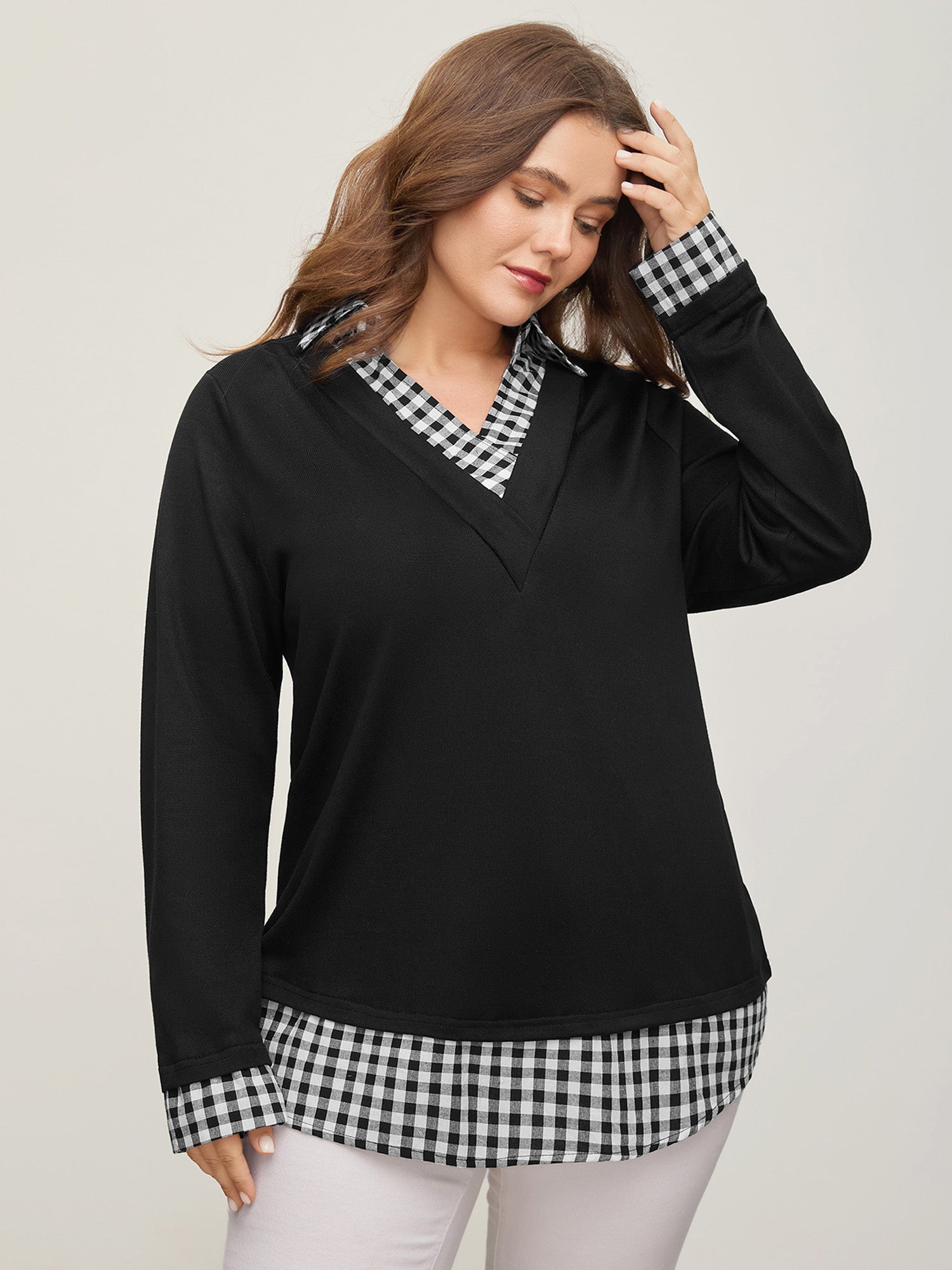 Gingham Patchwork Shirt Collar Arc Hem Sweatshirt