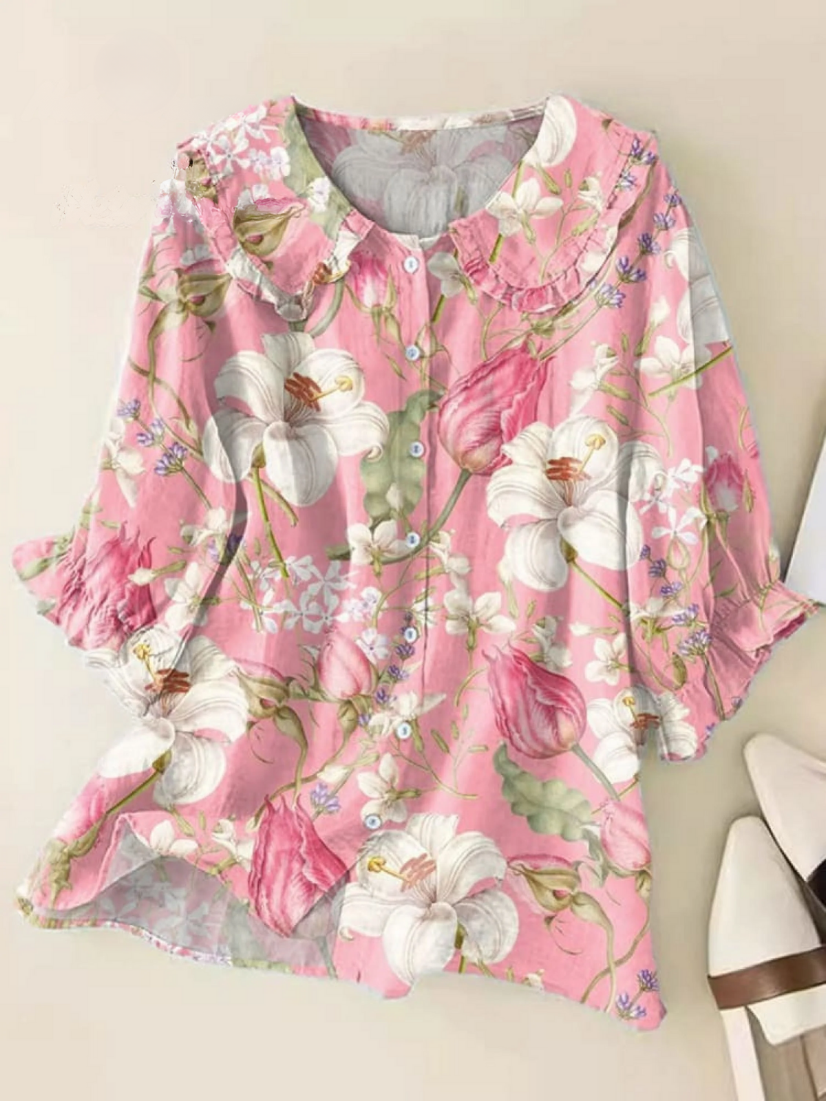 Women's  Vintage Floral Art Print Casual Linen V-neck Shirt