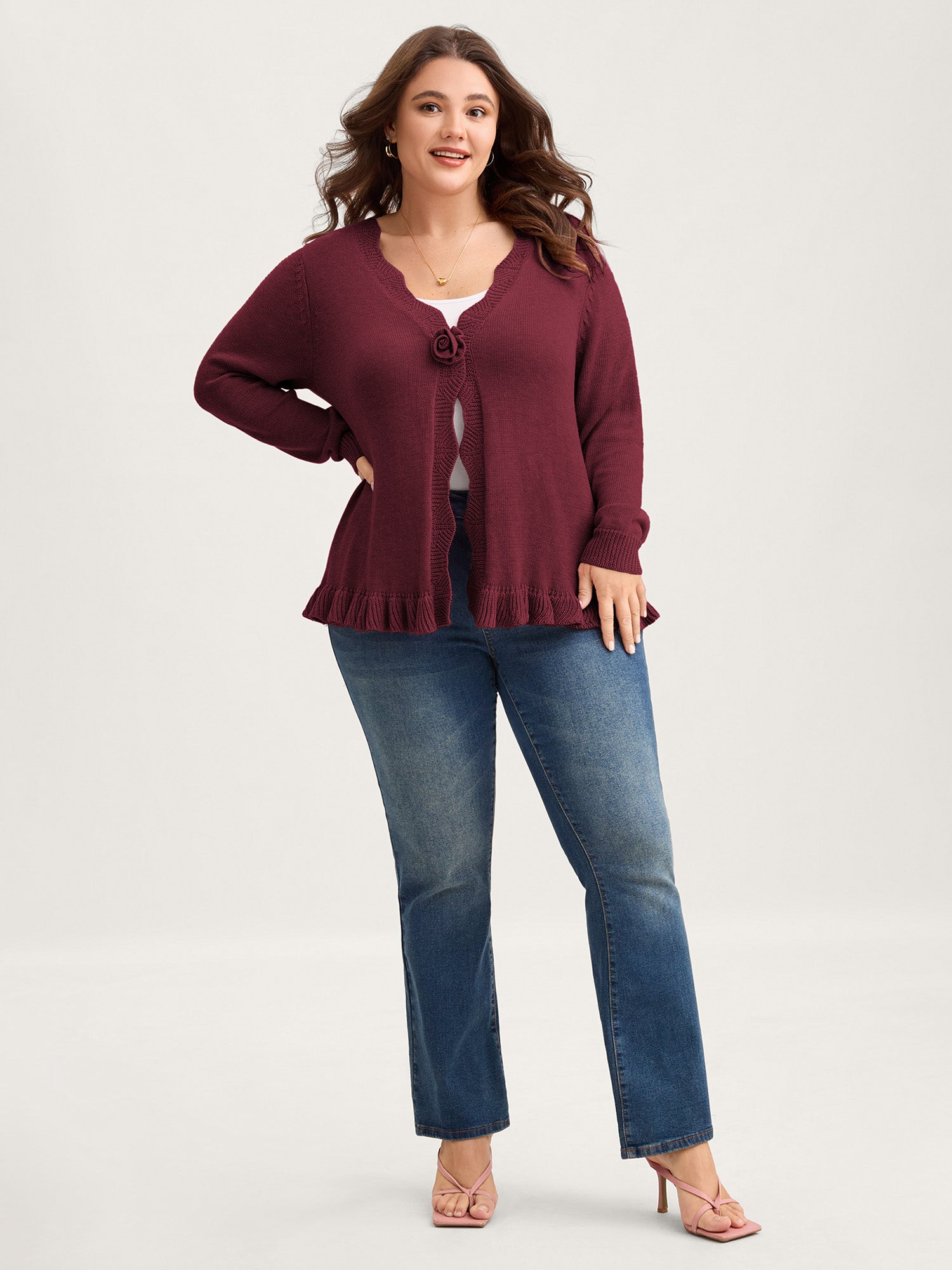 Supersoft Textured Floral Button Ruffled Hem Knit Cardigan