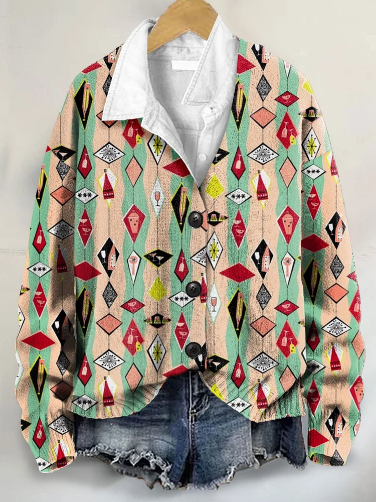 Cocktail Vintage Christmas Art Print Buttoned V-neck Cardigan Sweater