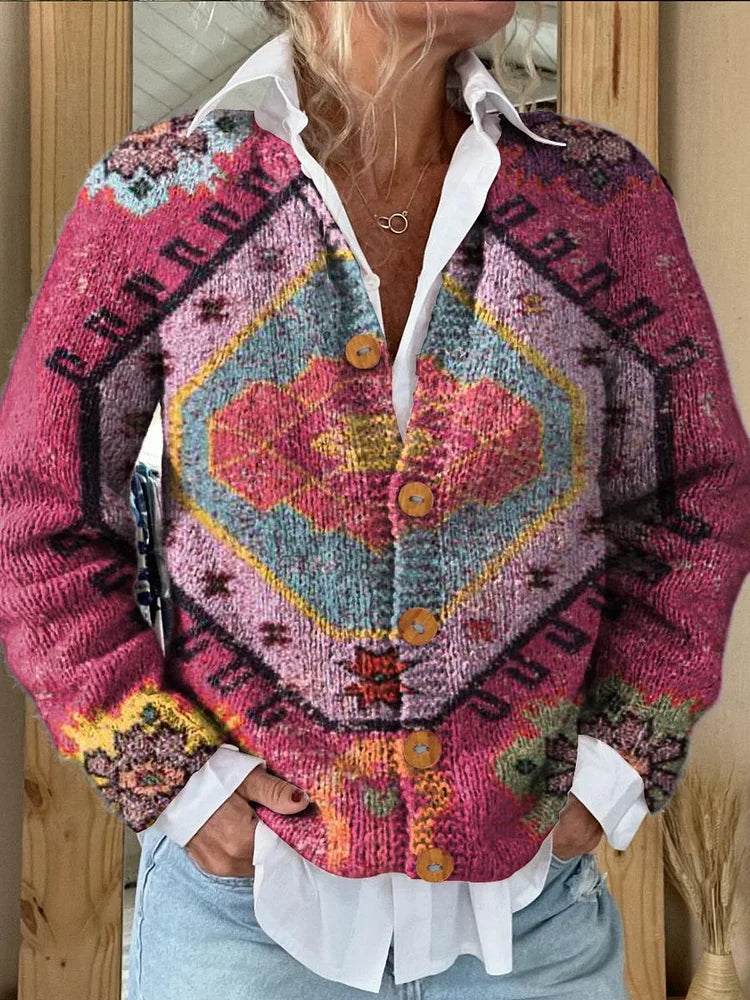 Retro Motifs Print Buttoned Cardigan Sweater