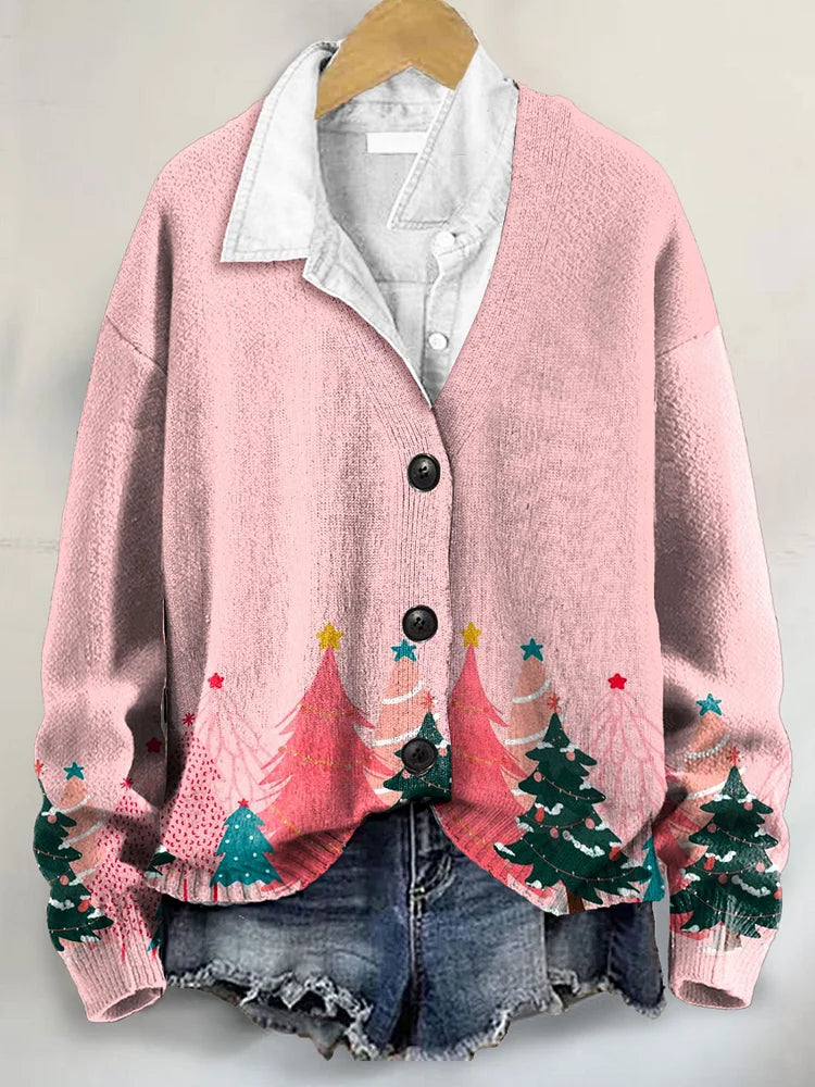 Pink Christmas Tree Art Print Buttoned V-neck Cardigan Sweater