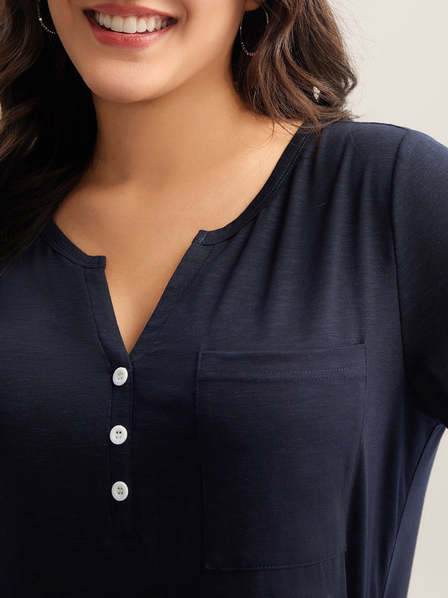 Solid Split Neck Button Detail T-Shirt
