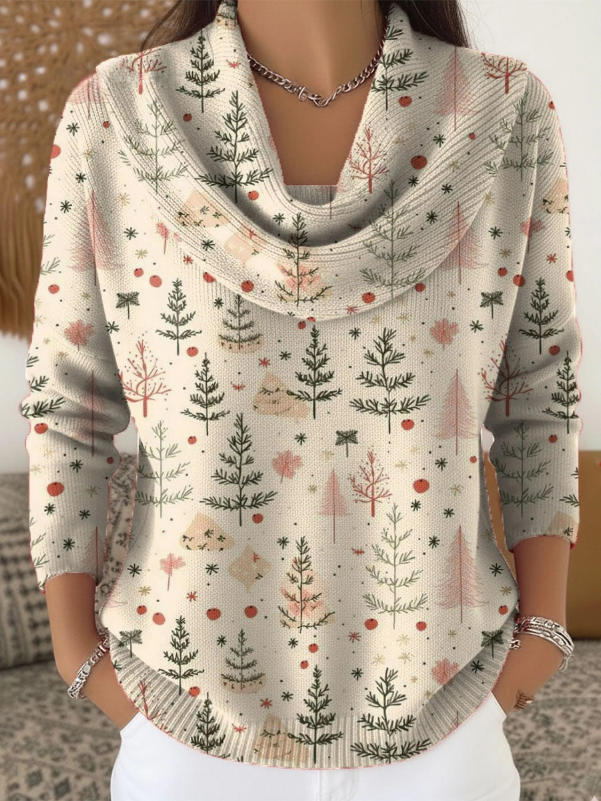 Women's Christmas Tree Pattern Art Print Cowl Neck Sweater
