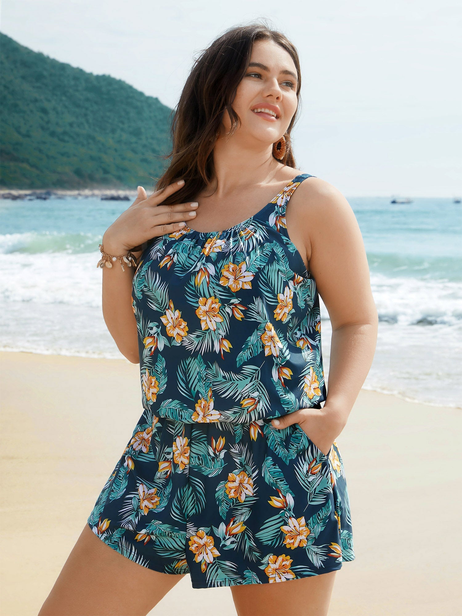 Tropical Flower Print Pockets One-Piece Swimsuit