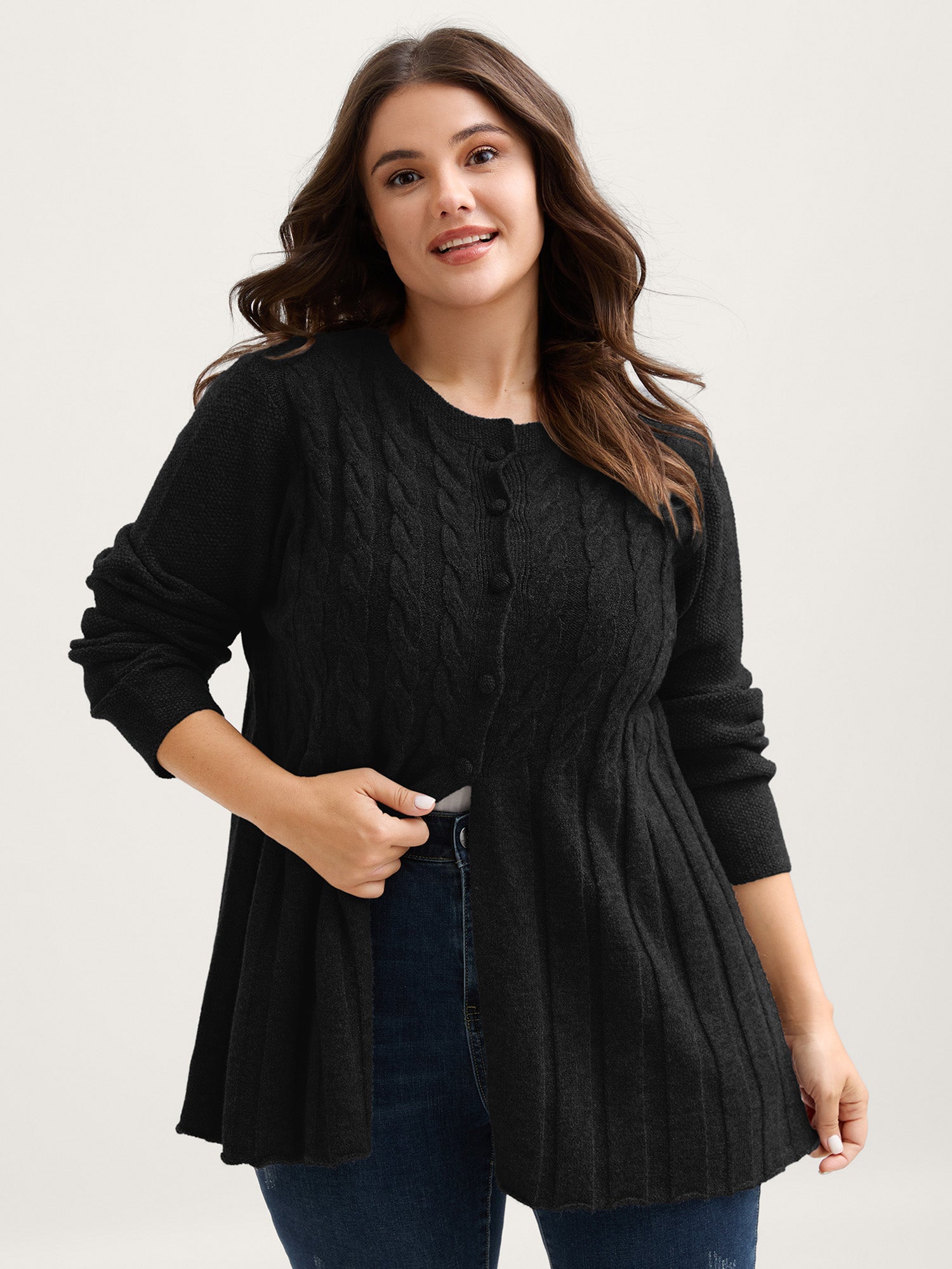 Cable Knit Round Neck Button Knit Cardigan